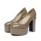 Round Toe High Platforms Chunky Heels Pumps - Khaki Patent