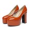 Round Toe High Platforms Chunky Heels Pumps - Orange Patent