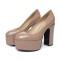 Round Toe High Platforms Chunky Heels Pumps - Pink Apricot Patent