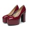 Round Toe High Platforms Chunky Heels Pumps - Wine Red Patent