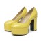 Round Toe High Platforms Chunky Heels Pumps - Yellow Patent