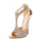 Peep Toe Stiletto Metal Heels Ankle T Straps Back Zipper Glitters Pumps - Gold Faux Leather