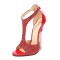 Peep Toe Stiletto Metal Heels Ankle T Straps Back Zipper Glitters Pumps - Red Faux Leather