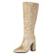Pointed Toe Chunky Heels Fashionable Glitters Sequins Blings Knee Highs Boots - Gold