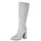 Pointed Toe Chunky Heels Fashionable Glitters Sequins Blings Knee Highs Boots - Silver