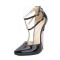 Pointed Toe Stiletto Metal Heels Ankle Metal T Double Straps Sandals  Pumps - Black Patent