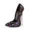 Pointed Toe Stiletto Metal Heels Flower Prints Pumps - Black Faux Leather