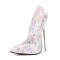 Pointed Toe Stiletto Metal Heels Flower Prints Pumps - White Faux Leather