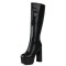 Round Toe Side Zipper Knee Highs Chunky Heels Patent Platforms Boots - Black