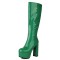 Round Toe Side Zipper Knee Highs Chunky Heels Patent Platforms Boots - Green