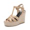 Peep Toe Hemb Rope Platforms Ankle Buckle T Straps Summer Wedges Sandals - Apricot Patent