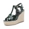 Peep Toe Hemb Rope Platforms Ankle Buckle T Straps Summer Wedges Sandals - Dark Green Patent