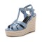 Peep Toe Hemb Rope Platforms Ankle Buckle T Straps Summer Wedges Sandals - Blue Patent