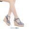 Peep Toe Hemb Rope Platforms Ankle Buckle T Straps Summer Wedges Sandals - Blue Patent
