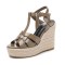 Peep Toe Hemb Rope Platforms Ankle Buckle T Straps Summer Wedges Sandals - Dark Khaki Patent