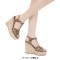 Peep Toe Hemb Rope Platforms Ankle Buckle T Straps Summer Wedges Sandals - Dark Khaki Patent