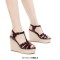 Peep Toe Hemb Rope Platforms Ankle Buckle T Straps Summer Wedges Sandals - Dark Wine Patent