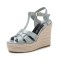 Peep Toe Hemb Rope Platforms Ankle Buckle T Straps Summer Wedges Sandals - Gray Patent