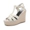 Peep Toe Hemb Rope Platforms Ankle Buckle T Straps Summer Wedges Sandals - Ivory Patent