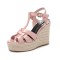 Peep Toe Hemb Rope Platforms Ankle Buckle T Straps Summer Wedges Sandals - Pink Patent