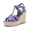 Peep Toe Hemb Rope Platforms Ankle Buckle T Straps Summer Wedges Sandals - Purple Patent