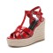 Peep Toe Hemb Rope Platforms Ankle Buckle T Straps Summer Wedges Sandals - Red Patent