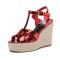 Peep Toe Hemb Rope Platforms Ankle Buckle T Straps Summer Wedges Sandals - Metallic Red Patent