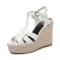 Peep Toe Hemb Rope Platforms Ankle Buckle T Straps Summer Wedges Sandals - White Patent
