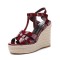 Peep Toe Hemb Rope Platforms Ankle Buckle T Straps Summer Wedges Sandals - Wine Patent