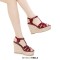 Peep Toe Hemb Rope Platforms Ankle Buckle T Straps Summer Wedges Sandals - Wine Patent