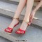 Peep  Toe Stiletto Metal Heels Ankle Chain Lock Straps Sandals - Red Patent
