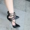 Pointed Toe Stiletto Metal Heels Greek Lace Up Sandals  Pumps - Black Patent