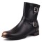 Round Toe Chunky Heels Ankle Highs Decorated Buckle Straps Chelsea British Style Motorcycle Boots - Black