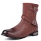 Round Toe Chunky Heels Ankle Highs Decorated Buckle Straps Chelsea British Style Motorcycle Boots - Brown