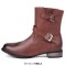 Round Toe Chunky Heels Ankle Highs Decorated Buckle Straps Chelsea British Style Motorcycle Boots - Brown