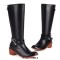 Round Toe Chunky Heels Side Zipper Knee Highs Decorated Buckle Straps Western Boots - Black