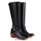 Round Toe Chunky Heels Side Zipper Knee Highs Decorated Buckle Straps Western Boots - Black