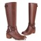 Round Toe Chunky Heels Side Zipper Knee Highs Decorated Buckle Straps Western Boots - Brown