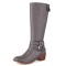 Round Toe Chunky Heels Side Zipper Knee Highs Decorated Buckle Straps Western Boots - Gray