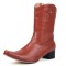 Pointed Toe Chunky Heels Knee Highs Wicker Pattern Autumn Winter Side Zipper Western Boots - Brown
