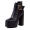 Square Toe Chunky Heels Crocodile Pattern Ankle Buckle Straps Platforms Zipper Boots - Black Faux Leather