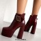 Square Toe Chunky Heels Crocodile Pattern Ankle Buckle Straps Platforms Zipper Boots - Wine Faux Leather