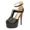Peep Toe Stiletto Heels Ankle Buckle Zipper T Straps Platforms Sandals - Black Patent
