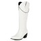 Pointed Toe Chunky Heels Chain Decorated Western Style Crocodile Pattern Knee Highs Boots - White