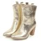 Pointed Toe Chunky Heels Western Style Crocodile Pattern Ankle Highs Boots - Gold