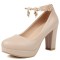 Round Toe Chunky Heels Ankle Buckle Crystal Straps Low Platforms Pumps - Beige