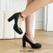 Round Toe Chunky Heels Ankle Buckle Crystal Straps Low Platforms Pumps - Black