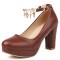 Round Toe Chunky Heels Ankle Buckle Crystal Straps Low Platforms Pumps - Brown