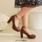 Round Toe Chunky Heels Ankle Buckle Crystal Straps Low Platforms Pumps - Brown