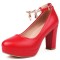 Round Toe Chunky Heels Ankle Buckle Crystal Straps Low Platforms Pumps - Red